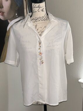 Vintage Joan Leslie Embroidered White Button Down Blouse Top Womens Size 8P